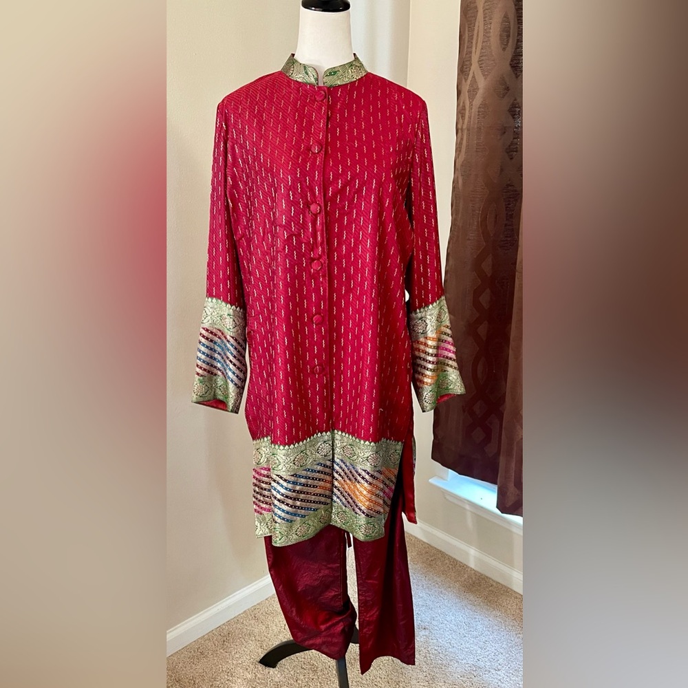 Silk Brocade Long Tunic 2pc Pant Set Hand Made In India Drawstring Silk Pants